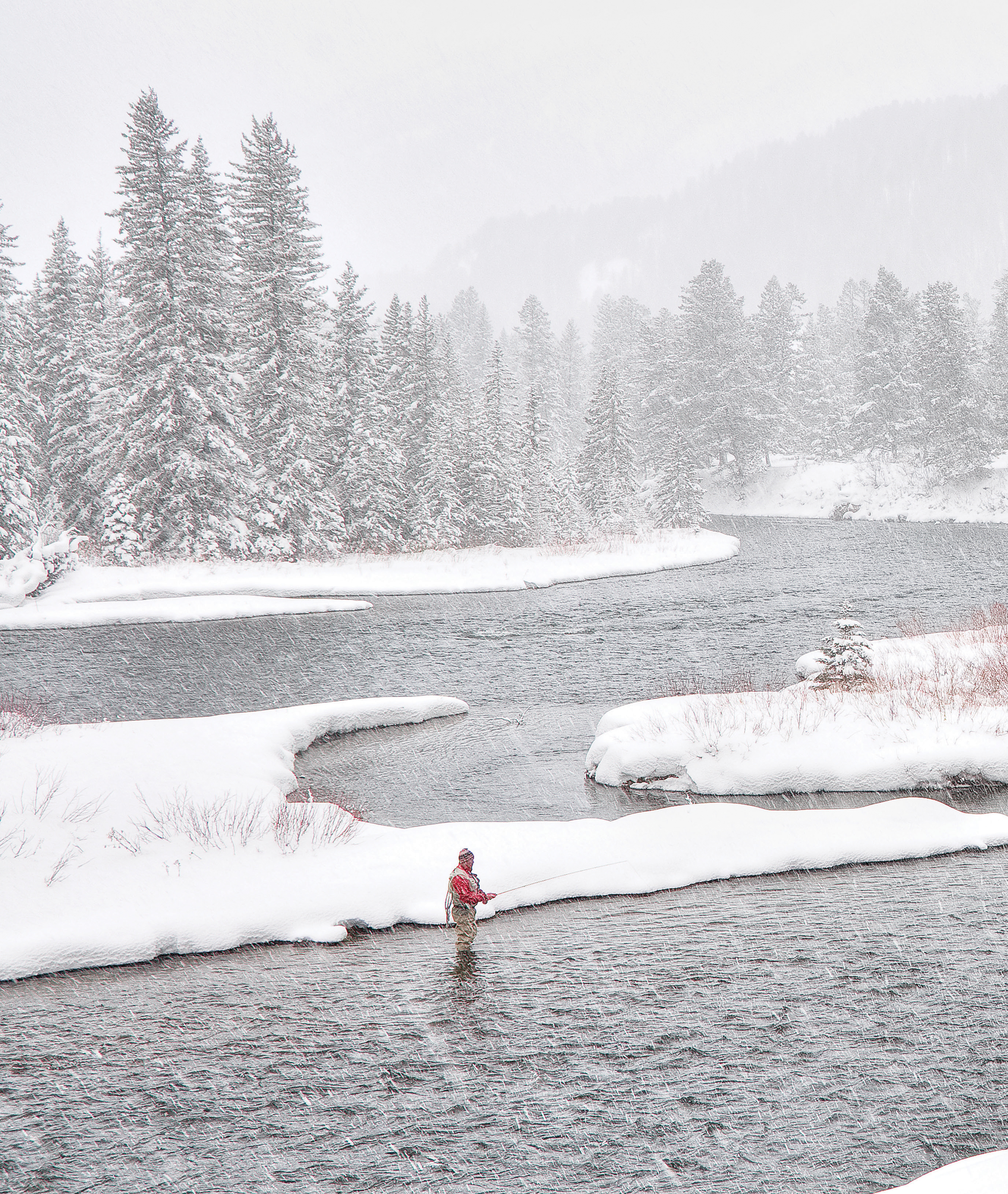 Winter Fly Fishing Picture. Fly Rod And Reel On Snowy River Bank